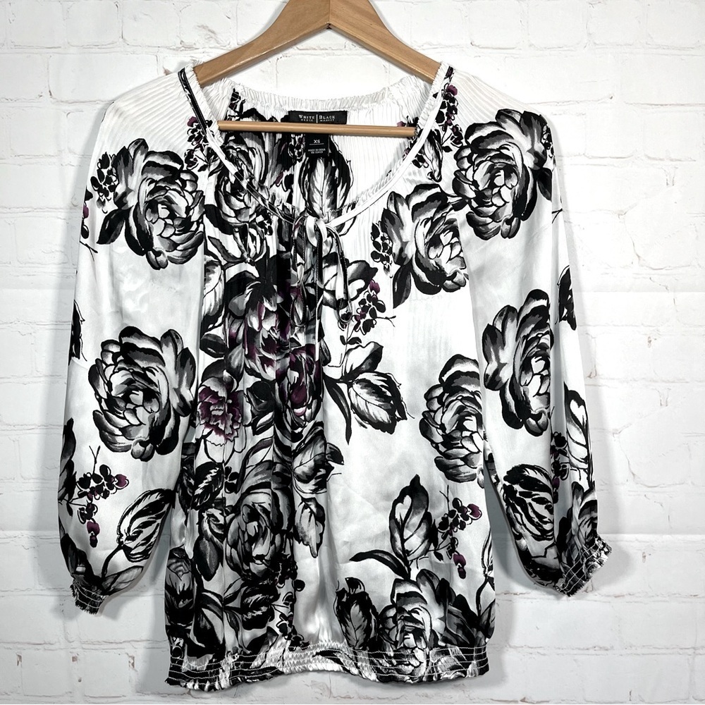 White House Black Market Sheer Chiffon Floral Blouse Tie Neck Womens Size XS